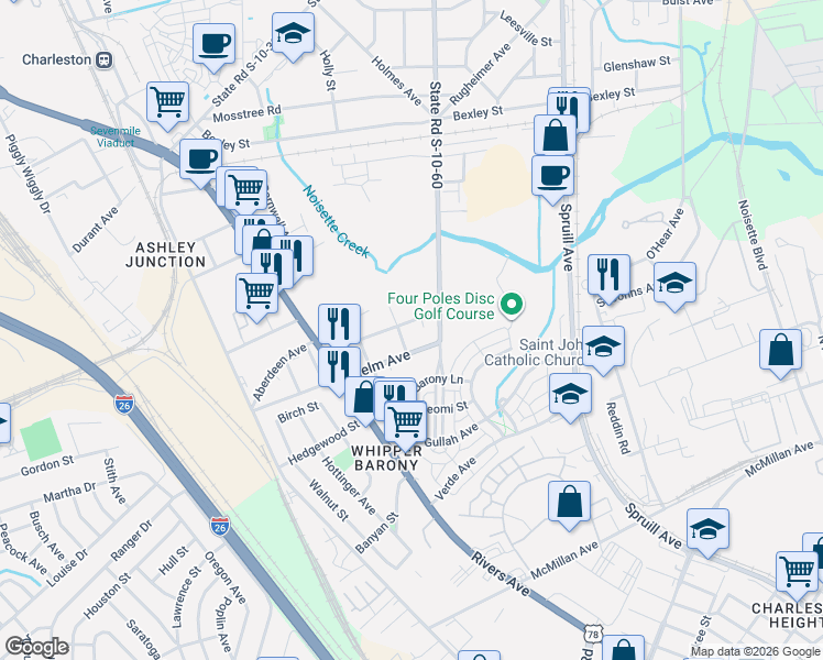 map of restaurants, bars, coffee shops, grocery stores, and more near 1833 Orangeburg Street in North Charleston