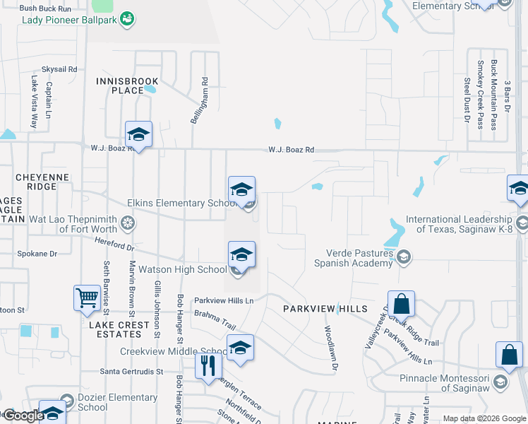 map of restaurants, bars, coffee shops, grocery stores, and more near 7250 Elkins School Road in Saginaw