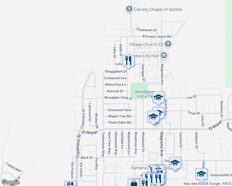 map of restaurants, bars, coffee shops, grocery stores, and more near 10103 Burrock Drive in Santee