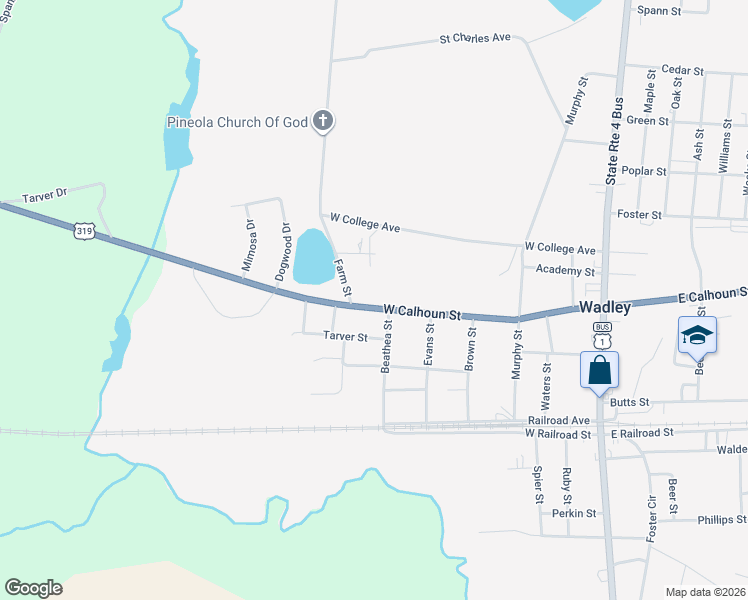 map of restaurants, bars, coffee shops, grocery stores, and more near 420 West Calhoun Street in Wadley