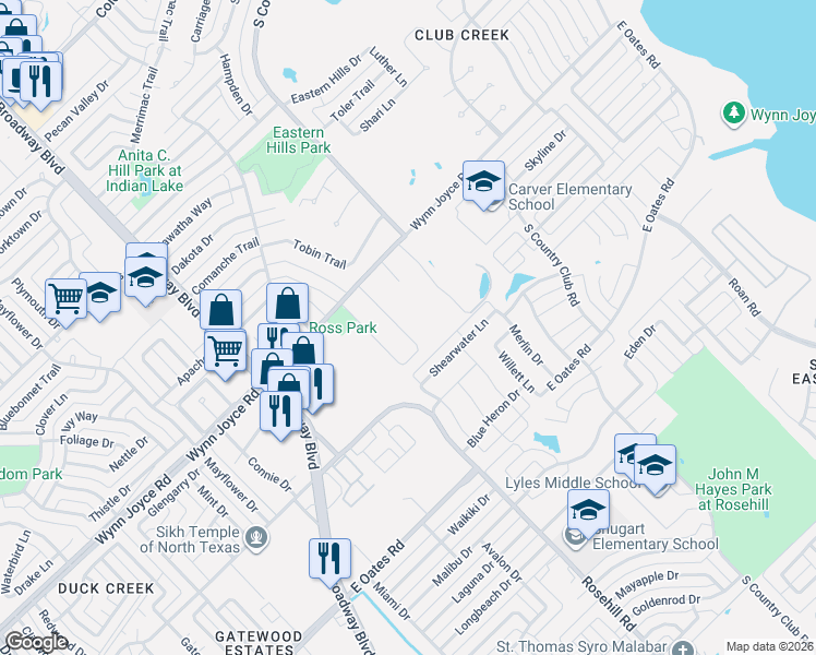 map of restaurants, bars, coffee shops, grocery stores, and more near 3926 Amy Avenue in Garland