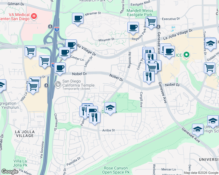 map of restaurants, bars, coffee shops, grocery stores, and more near 8310 Regents Road in San Diego