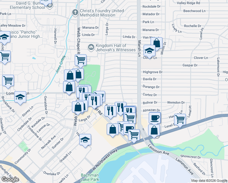 map of restaurants, bars, coffee shops, grocery stores, and more near 3555 Cortez Drive in Dallas