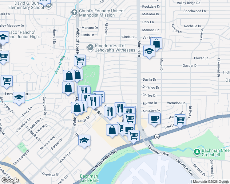 map of restaurants, bars, coffee shops, grocery stores, and more near 3555 Cortez Dr in Dallas