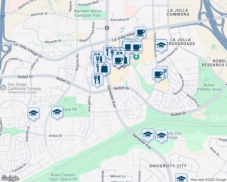 map of restaurants, bars, coffee shops, grocery stores, and more near 4345 Nobel Drive in San Diego