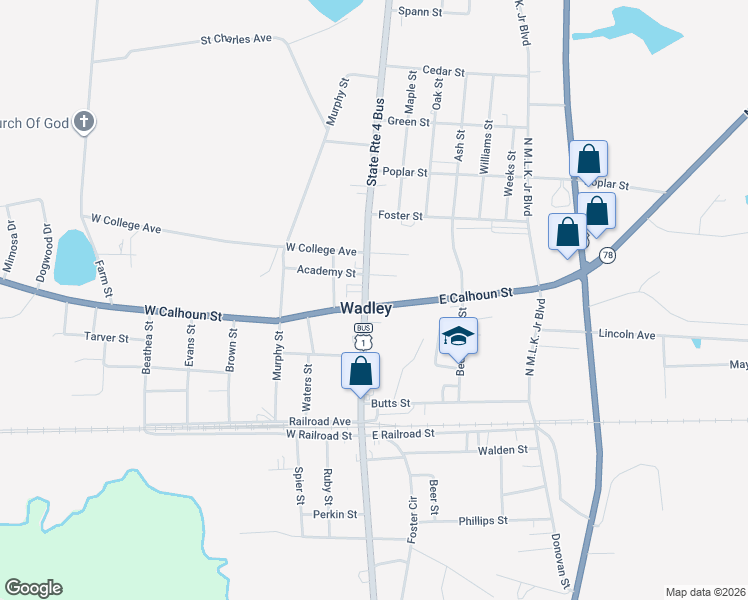 map of restaurants, bars, coffee shops, grocery stores, and more near 201 South Main Street in Wadley
