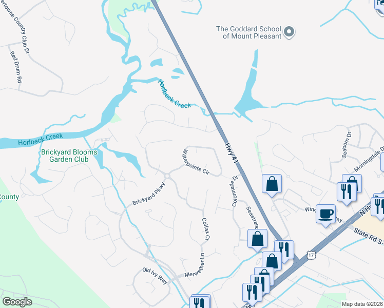 map of restaurants, bars, coffee shops, grocery stores, and more near 1420 Watershade Court in Mount Pleasant