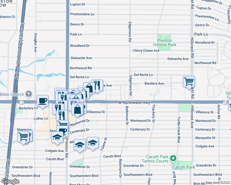 map of restaurants, bars, coffee shops, grocery stores, and more near 6333 Diamond Head Circle in Dallas