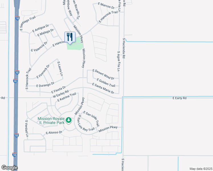 map of restaurants, bars, coffee shops, grocery stores, and more near 2643 East Golden Trail in Casa Grande