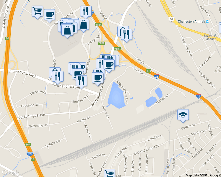 map of restaurants, bars, coffee shops, grocery stores, and more near 4739 Arco Ln in North Charleston