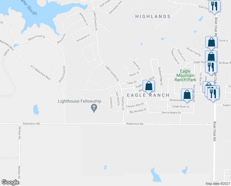 map of restaurants, bars, coffee shops, grocery stores, and more near 7000 Golden Eagle Road in Fort Worth