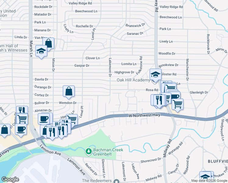 map of restaurants, bars, coffee shops, grocery stores, and more near 4015 Wembley Terrace in Dallas