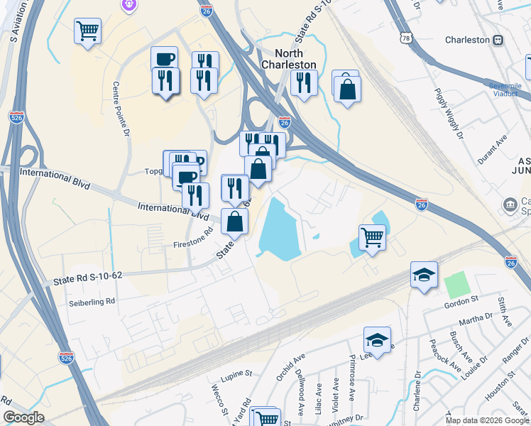 map of restaurants, bars, coffee shops, grocery stores, and more near 4739 Arco Lane in North Charleston