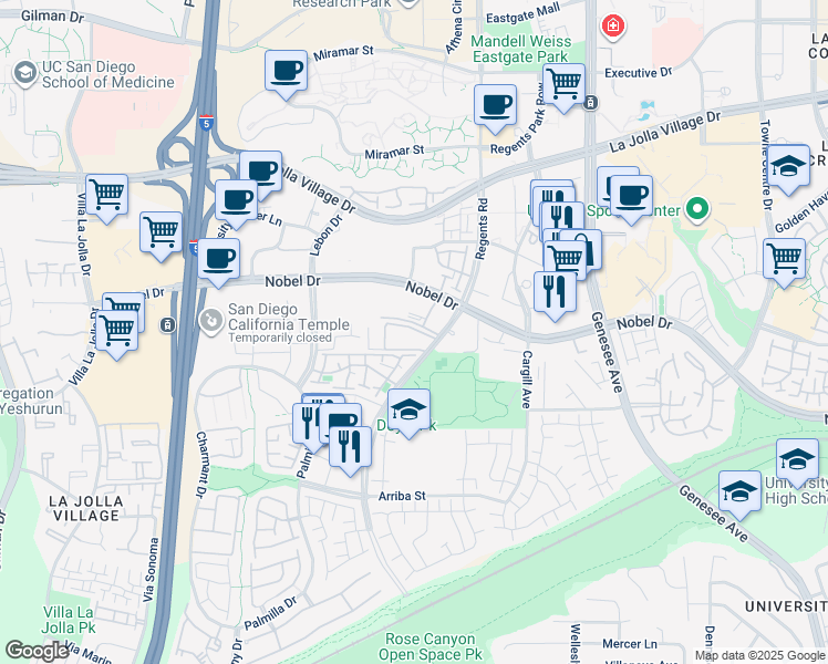 map of restaurants, bars, coffee shops, grocery stores, and more near 8310 Regents Road in San Diego