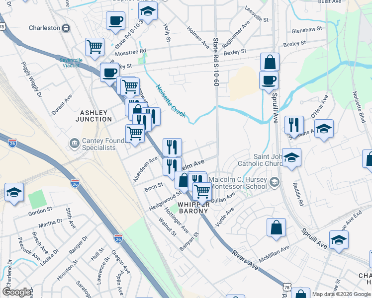 map of restaurants, bars, coffee shops, grocery stores, and more near 1930 Orangeburg Street in North Charleston