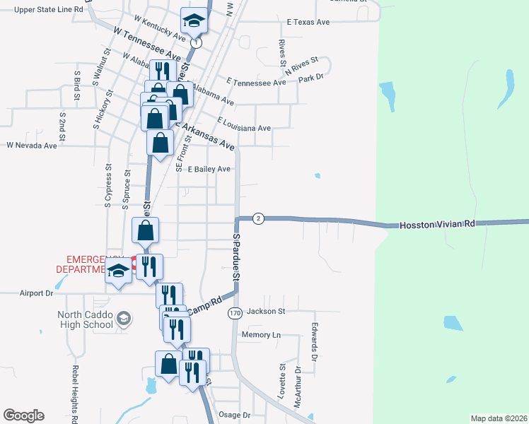 map of restaurants, bars, coffee shops, grocery stores, and more near 9424 Hosston Vivian Road in Vivian