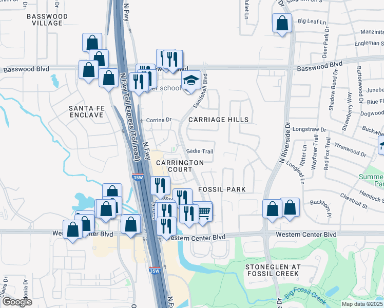 map of restaurants, bars, coffee shops, grocery stores, and more near 3208 Sadie Trail in Fort Worth