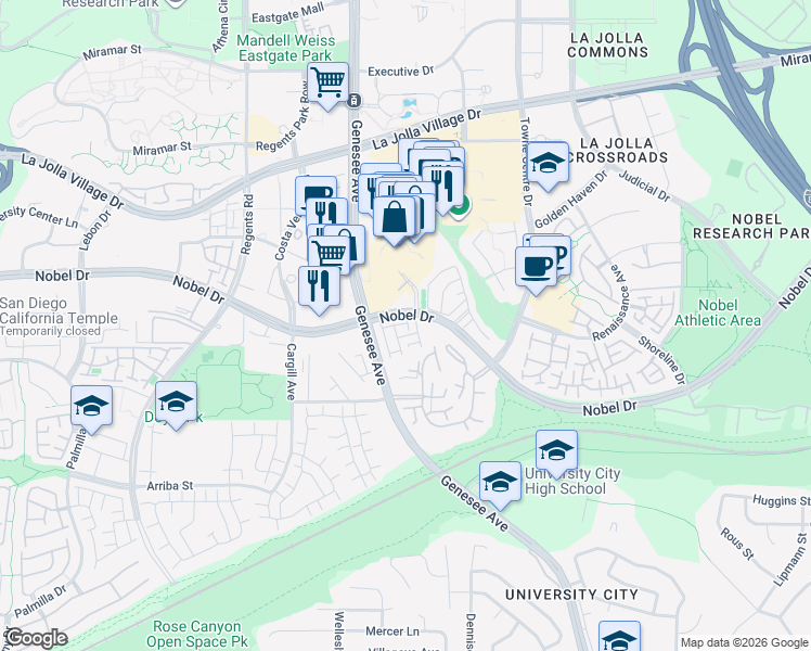 map of restaurants, bars, coffee shops, grocery stores, and more near 4435 Nobel Drive in San Diego