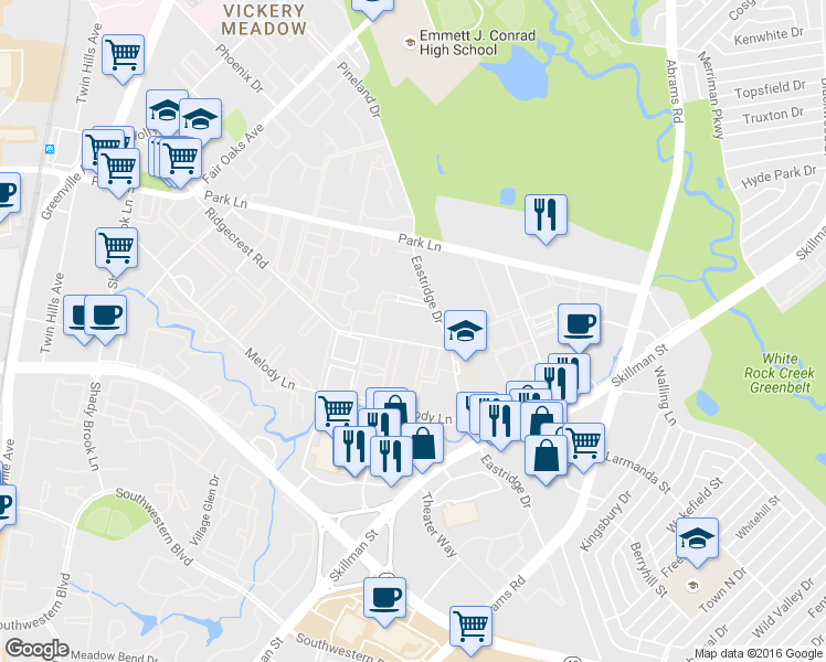 map of restaurants, bars, coffee shops, grocery stores, and more near 6435 Ridgecrest Road in Dallas