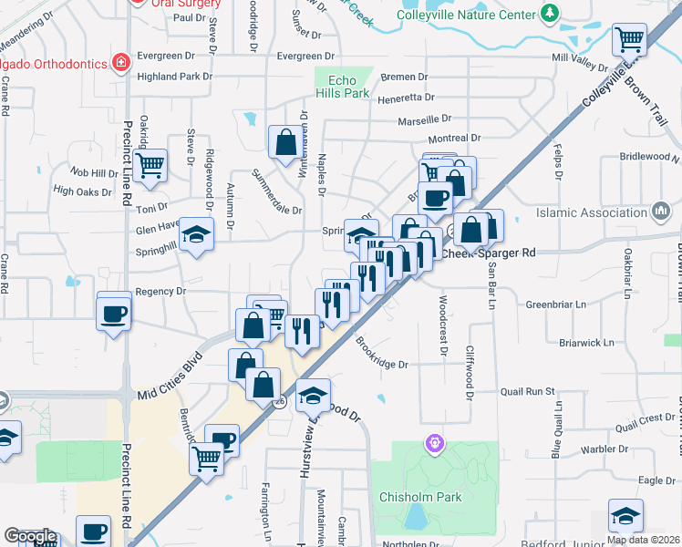 map of restaurants, bars, coffee shops, grocery stores, and more near 2736 Crystal Glenn Circle in Hurst