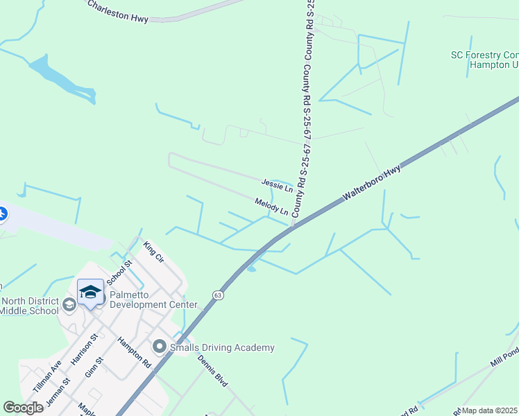 map of restaurants, bars, coffee shops, grocery stores, and more near 133 Melody Lane in Varnville