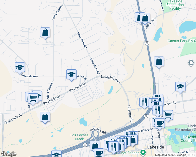 map of restaurants, bars, coffee shops, grocery stores, and more near 12075 Riverside Drive in Lakeside
