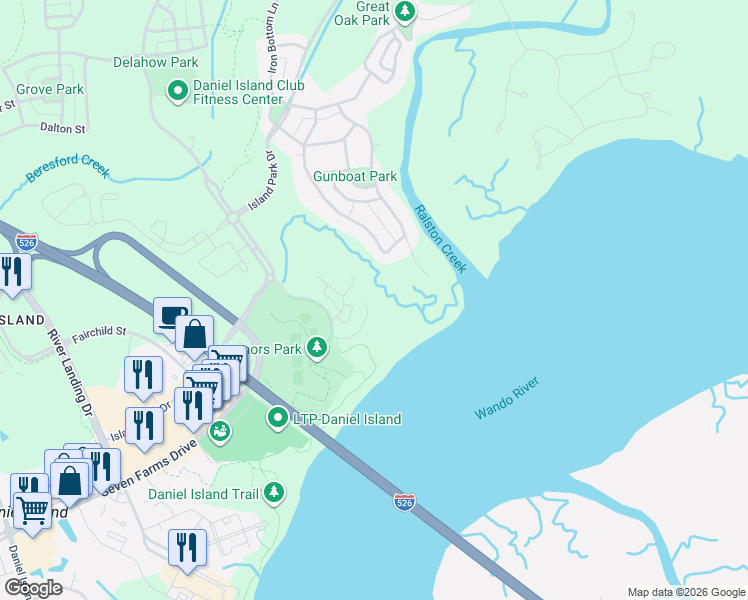 map of restaurants, bars, coffee shops, grocery stores, and more near 144 Fairbanks Oak Alley in Charleston