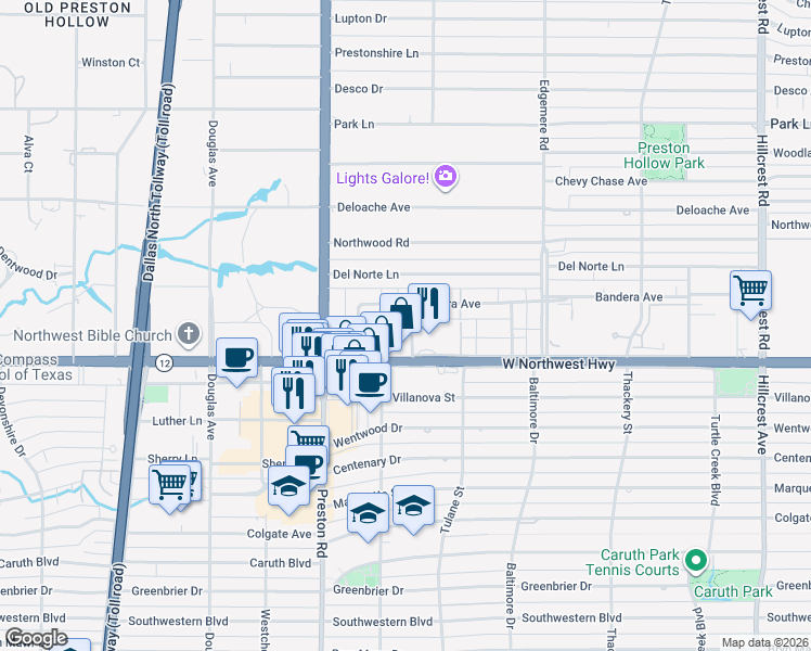 map of restaurants, bars, coffee shops, grocery stores, and more near 6143 Averill Way in Dallas