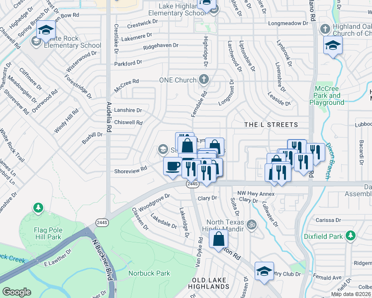map of restaurants, bars, coffee shops, grocery stores, and more near 10151 Shoreview Road in Dallas