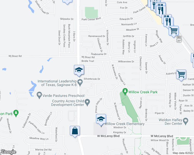 map of restaurants, bars, coffee shops, grocery stores, and more near 736 Silverbrook Drive in Saginaw
