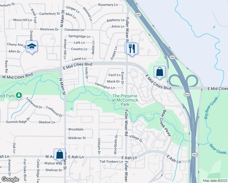 map of restaurants, bars, coffee shops, grocery stores, and more near 2193 Raines Court in Euless