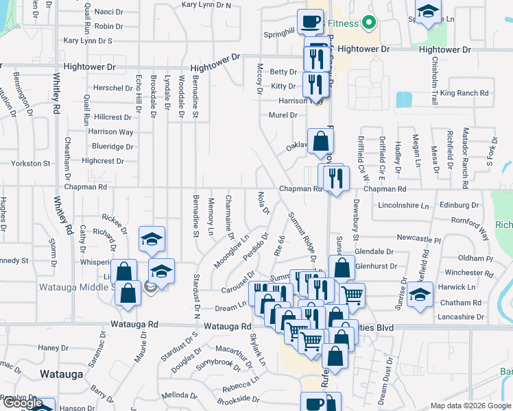 map of restaurants, bars, coffee shops, grocery stores, and more near 6609 Nola Drive in Watauga