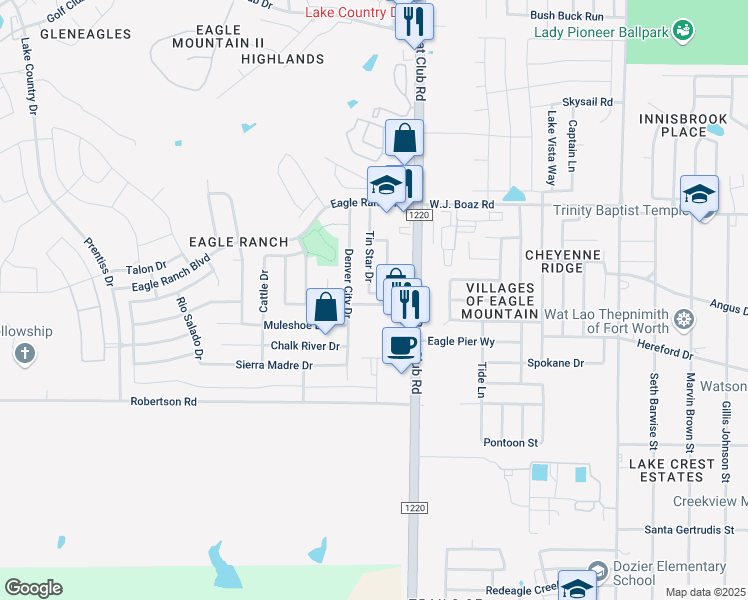 map of restaurants, bars, coffee shops, grocery stores, and more near 7213 Tin Star Drive in Fort Worth