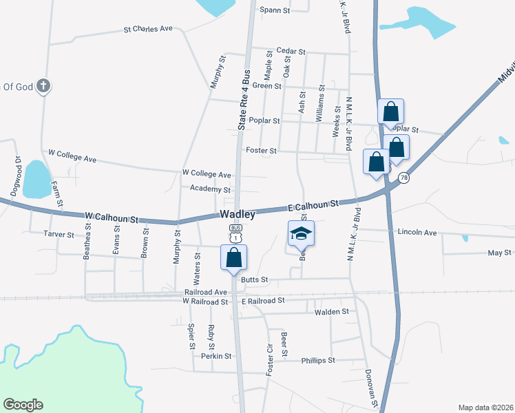 map of restaurants, bars, coffee shops, grocery stores, and more near 201 South Main Street in Wadley