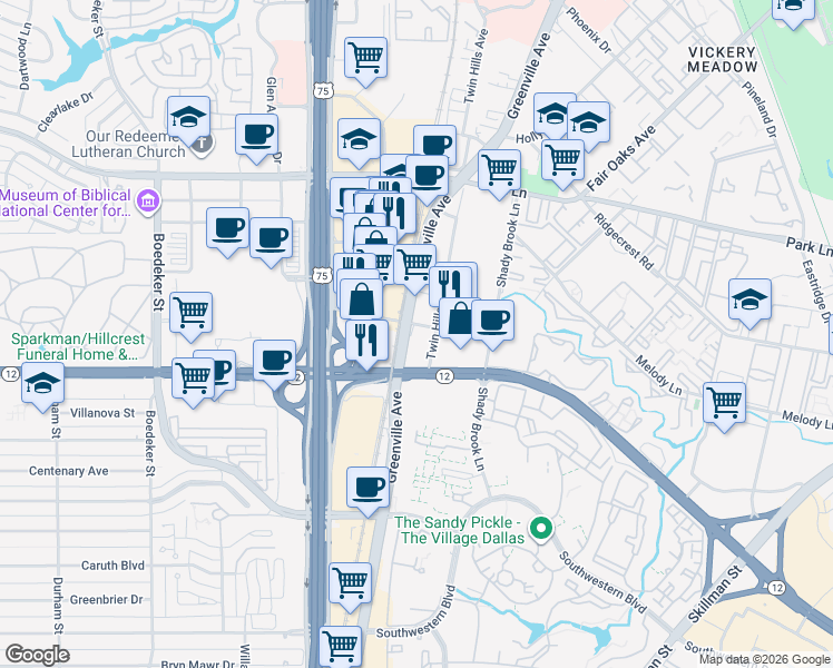 map of restaurants, bars, coffee shops, grocery stores, and more near 6742 Greenville Avenue in Dallas