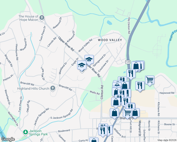 map of restaurants, bars, coffee shops, grocery stores, and more near 1640 Upper River Road in Macon