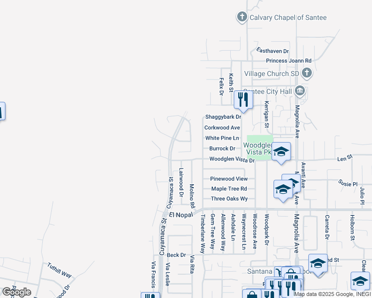map of restaurants, bars, coffee shops, grocery stores, and more near 9935 Black Hills Lane in Santee