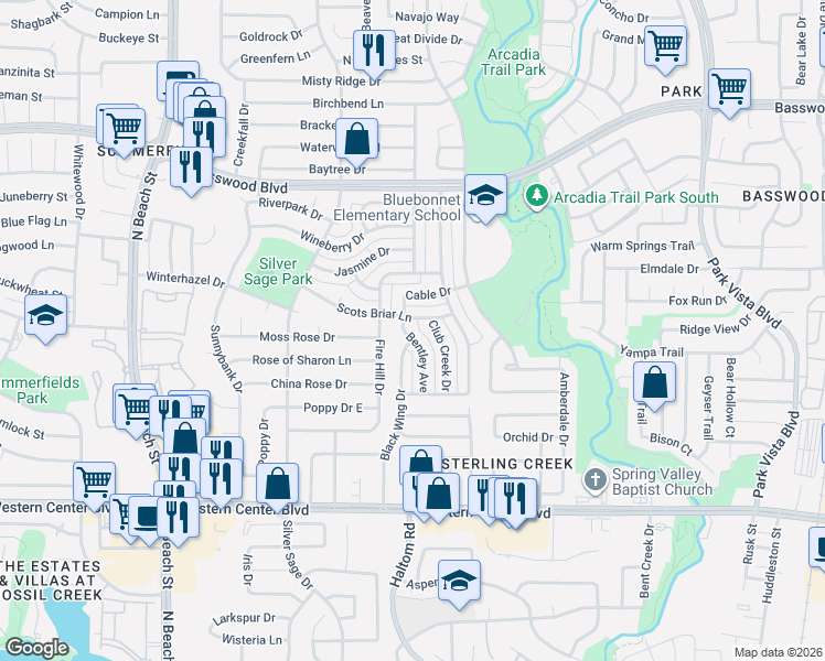 map of restaurants, bars, coffee shops, grocery stores, and more near 7005 Bentley Avenue in Fort Worth