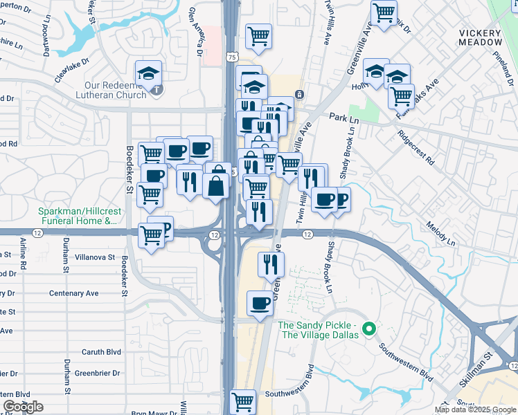 map of restaurants, bars, coffee shops, grocery stores, and more near 8750 North Central Expressway in Dallas