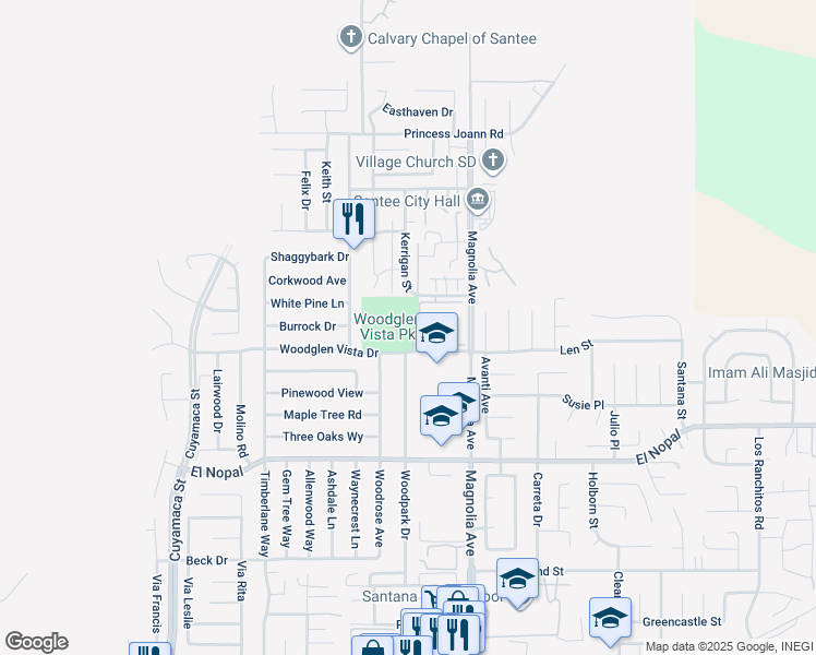 map of restaurants, bars, coffee shops, grocery stores, and more near 10300 Woodglen Vista Drive in Santee