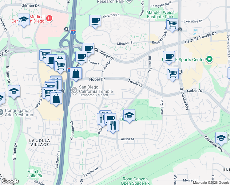 map of restaurants, bars, coffee shops, grocery stores, and more near 3435 Lebon Drive in San Diego