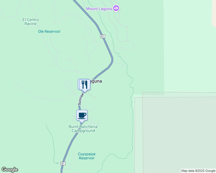 map of restaurants, bars, coffee shops, grocery stores, and more near Los Huecos Road in Mount Laguna