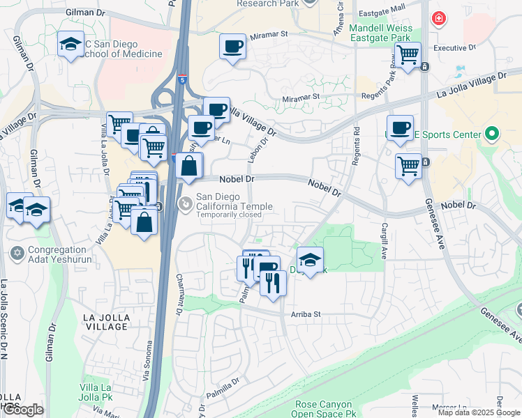 map of restaurants, bars, coffee shops, grocery stores, and more near 3417 Lebon Drive in San Diego