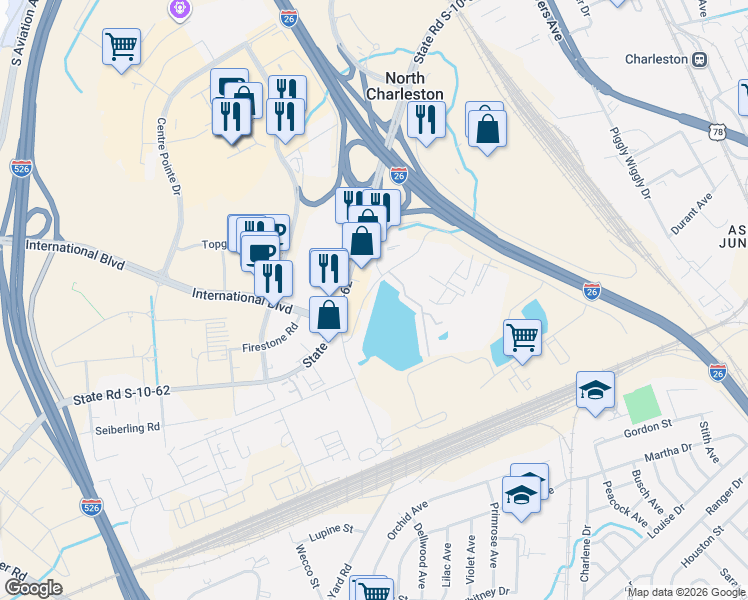 map of restaurants, bars, coffee shops, grocery stores, and more near 4739 Arco Lane in North Charleston