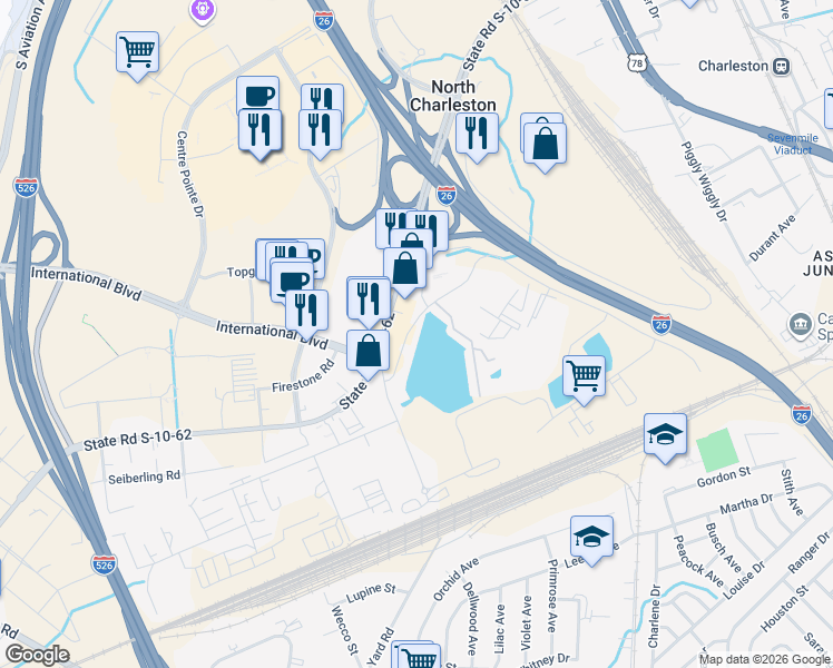 map of restaurants, bars, coffee shops, grocery stores, and more near 4739 Arco Lane in North Charleston