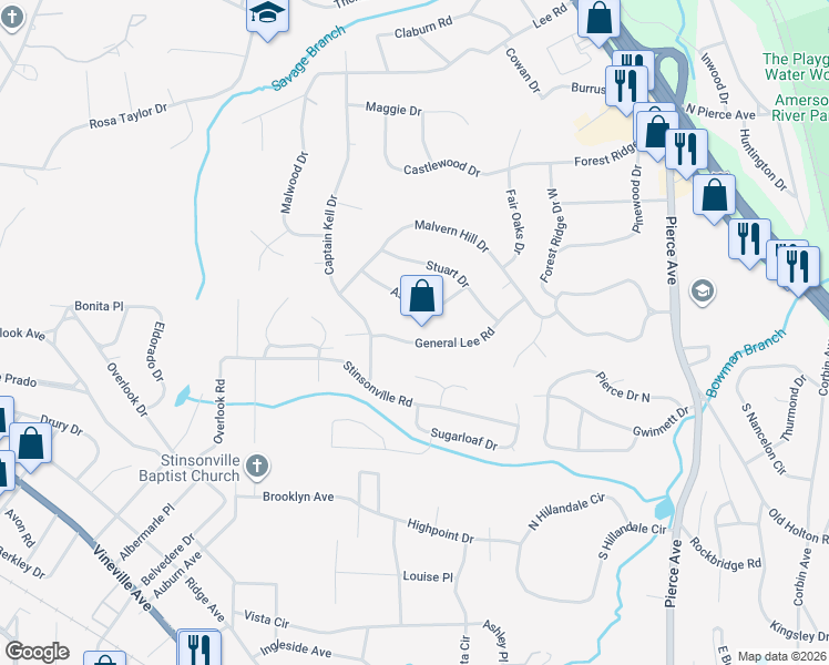 map of restaurants, bars, coffee shops, grocery stores, and more near 3074 General Lee Road in Macon
