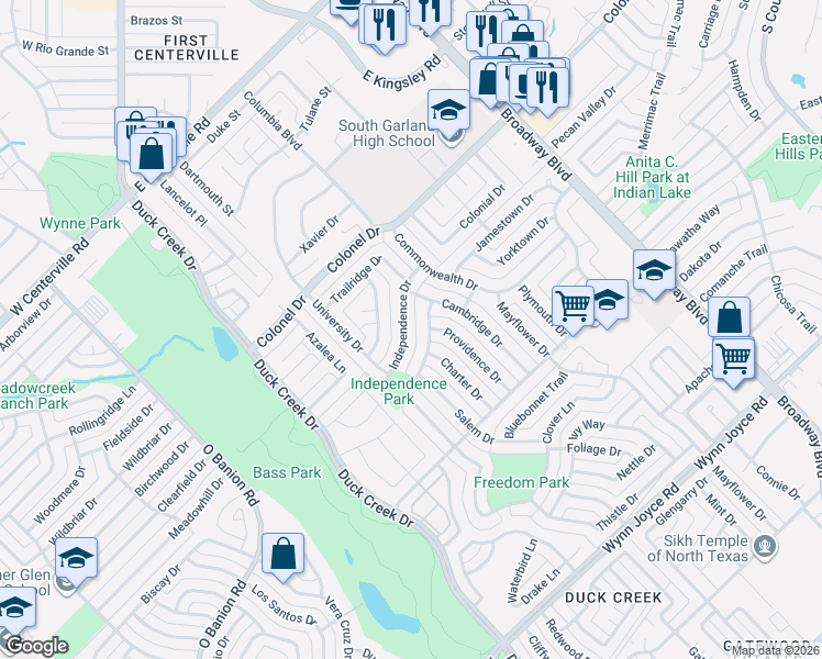 map of restaurants, bars, coffee shops, grocery stores, and more near 230 Independence Drive in Garland