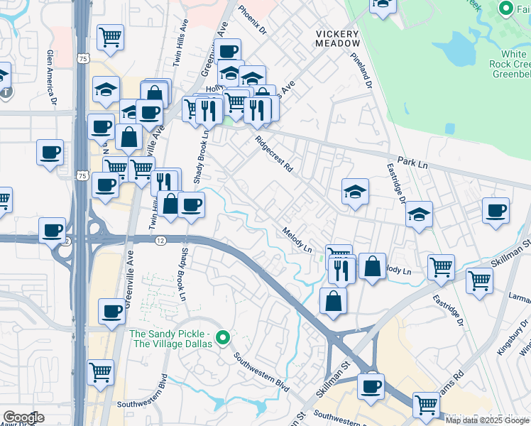 map of restaurants, bars, coffee shops, grocery stores, and more near 6200 Melody Lane in Dallas