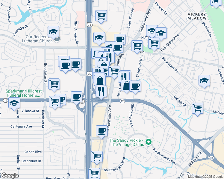 map of restaurants, bars, coffee shops, grocery stores, and more near 6742 Greenville Avenue in Dallas