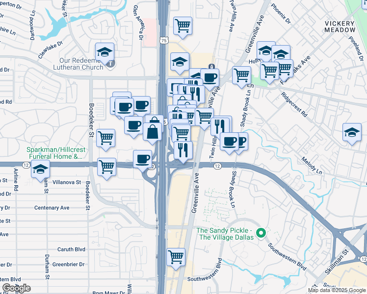 map of restaurants, bars, coffee shops, grocery stores, and more near 8750 North Central Expressway in Dallas